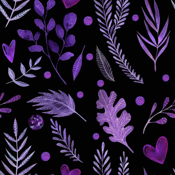 Акварель Бесшовный Узор Фиолетовыми Фиолетовыми Листьями Черном Фоне — стоковое фото