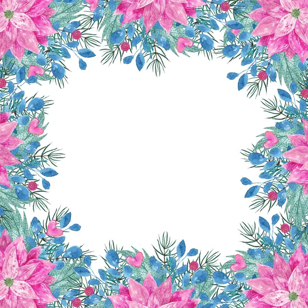 Kutlama sınırı, menü şablonu, pembe noktalı çerçeve, yapraklar, böğürtlenler, kalpler ve beyaz arka planda izole edilmiş çam dalları. Noel kartı.