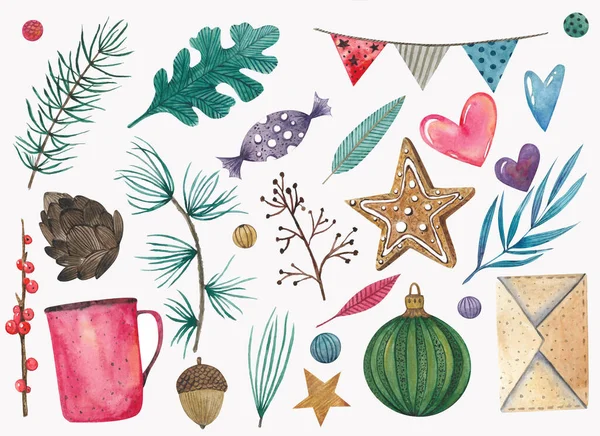 Акварель Рождественская Коллекция Новогодними Декоративными Элементами Яйца Листья Ягоды Звезды — стоковое фото