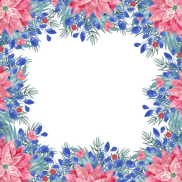 Celebration Border Menu Template Frame Pink Poinsettia Leaves Berries Hearts — Stock Photo, Image