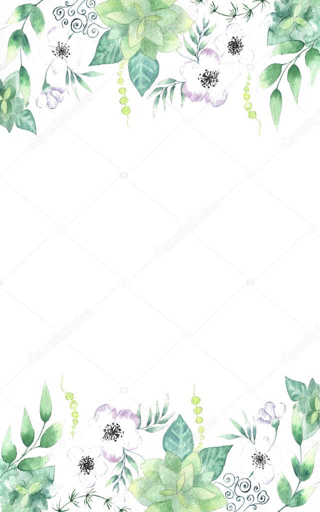 Celebration  border, wreath, frame with green leaves and flowers  on white background