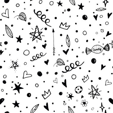 Karalama elementli siyah çizgili desen. Yıldızlar, kalpler, lekeler, girdap ve yapraklar. Siyah arkaplan