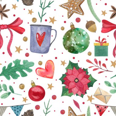 Yeni yıl dekorlarıyla suluboya Noel desenleri kusursuz. Toplar, yapraklar, böğürtlenler, yıldızlar, beyaz arka planda kalpler