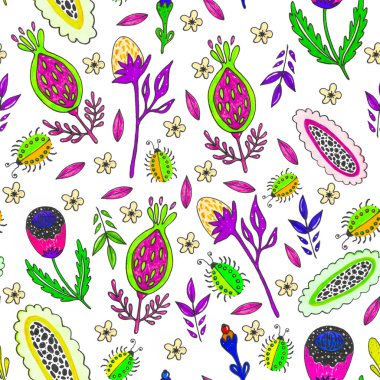 Sulu boya, soyut böcek çiçekleriyle kusursuz desen ve beyaz arka planda bitki