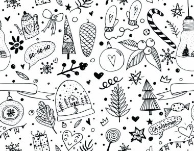 Yeni yıl ve Xmas simgelerinin siyah çizgileri kusursuz. El çizimi çizimi. Tebrik kartları, posterler, afişler ve mevsimlik tasarımlar için kış öğeleri. Beyaz arkaplanda izole