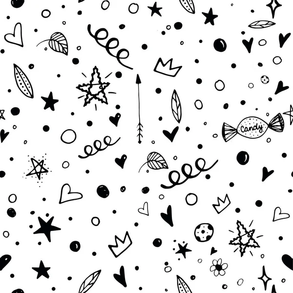 Black line seamless pattern with doodle elements. Stars, hearts, blots, swirl and leaves. Black background