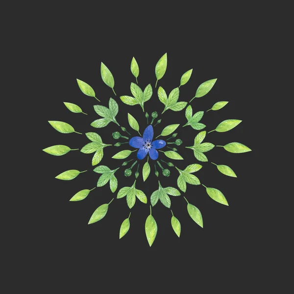 Mandala Acquerello Con Foglie Verdi Fiore Blu Sfondo Nero — Foto Stock