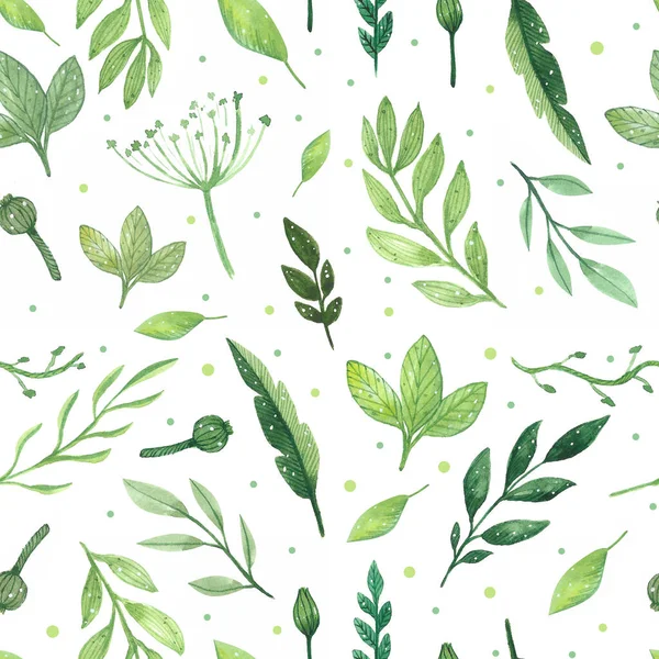 Акварель Бесшовный Узор Зелеными Листьями Изолированы Белом Фоне — стоковое фото