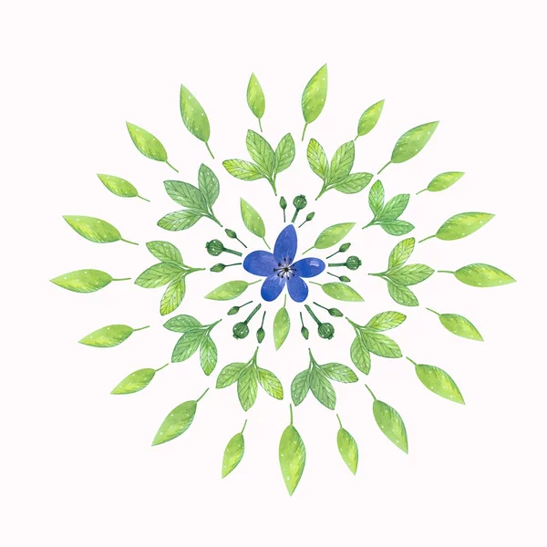 Mandala Acquerello Con Foglie Verdi Fiore Blu Sfondo Bianco — Foto Stock