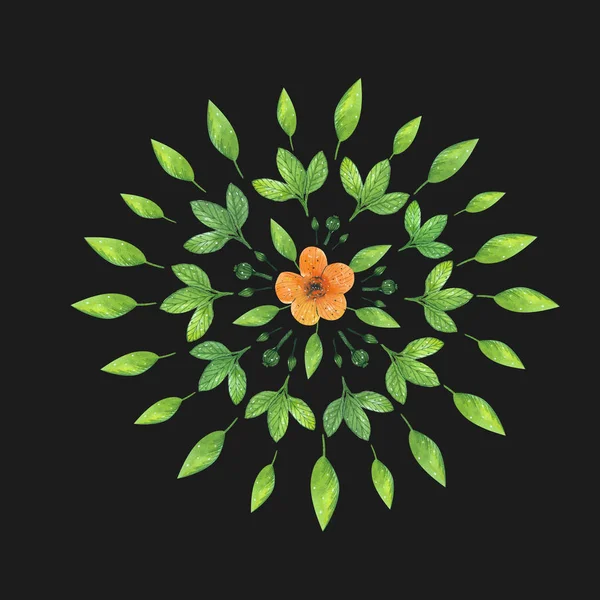 Watercolor Mandala Green Leaves Orange Flower Black Background — Stock Photo, Image