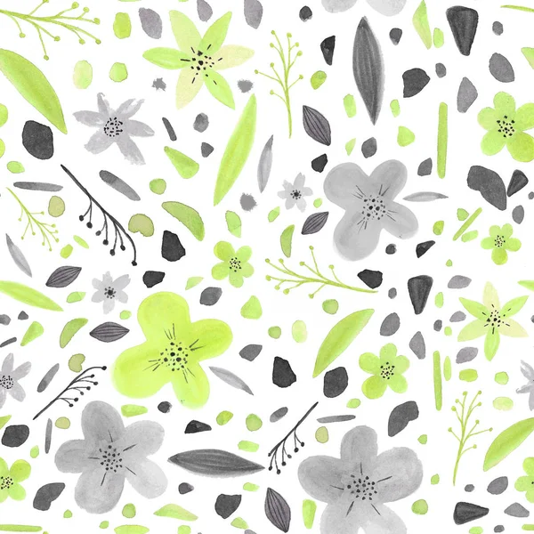 Watercolor Seamless Pattern Green Gray Leaves Dots Blots Flowers White — Stock Photo, Image