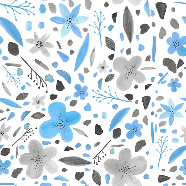 Bezszwowy Wzór Akwareli Niebieskimi Szarymi Liśćmi Kropkami Plamami Kwiatami Białym — Zdjęcie stockowe