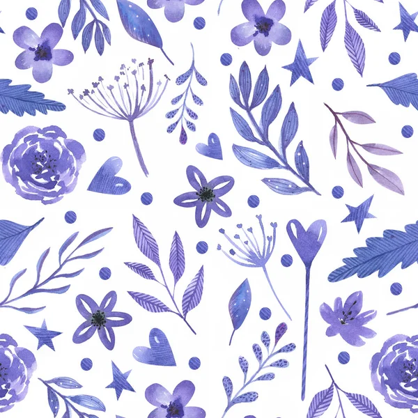 Watercolor Seamless Pattern Violet Purple Leaves Flowers White Background — Stock Photo, Image