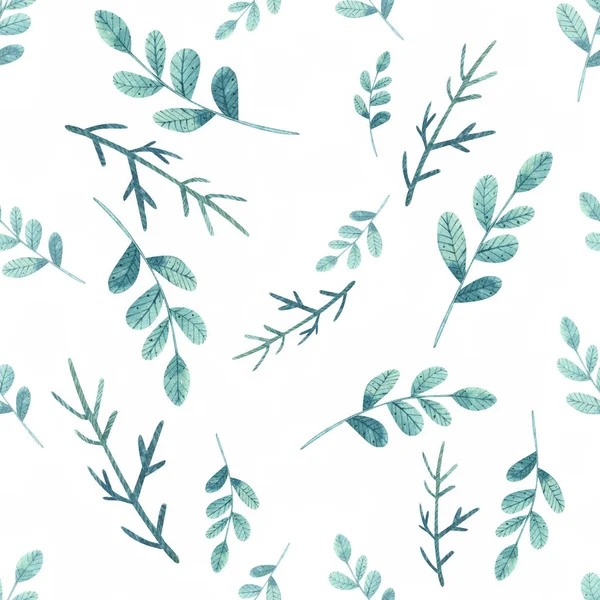 watercolor seamless pattern with blue  leaves and branches isolated on white background