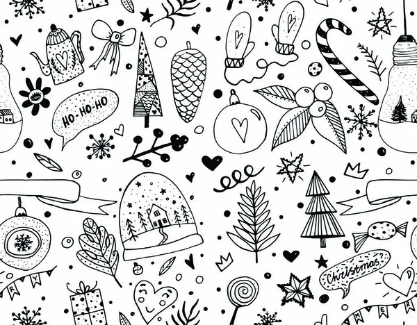 Black line seamless pattern of New Year and Xmas icons. Hand drawn  illustration. Winter elements for greeting cards, posters, banners and seasonal design. Isolated on white background