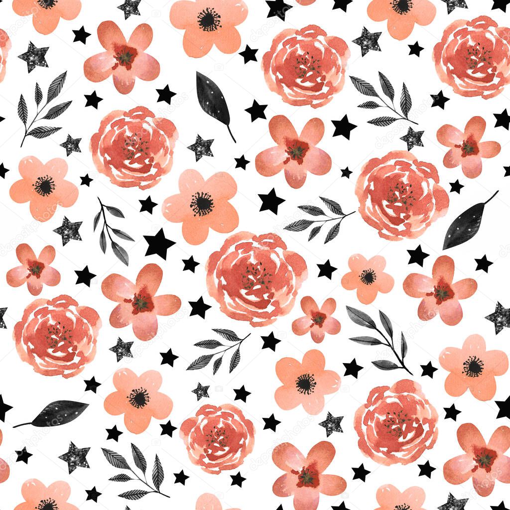 watercolor orange flowers with black stars. hand painted seamless pattern with white background. for fabric and package design