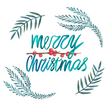suluboya Noel kartı, çilekli, yapraklı ve mutlu noeller.