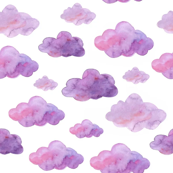 Акварель Бесшовный Узор Розовыми Фиолетовыми Облаками Белом Фоне — стоковое фото