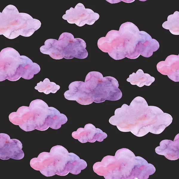 Акварель Бесшовный Узор Розовыми Фиолетовыми Облаками Черном Фоне — стоковое фото
