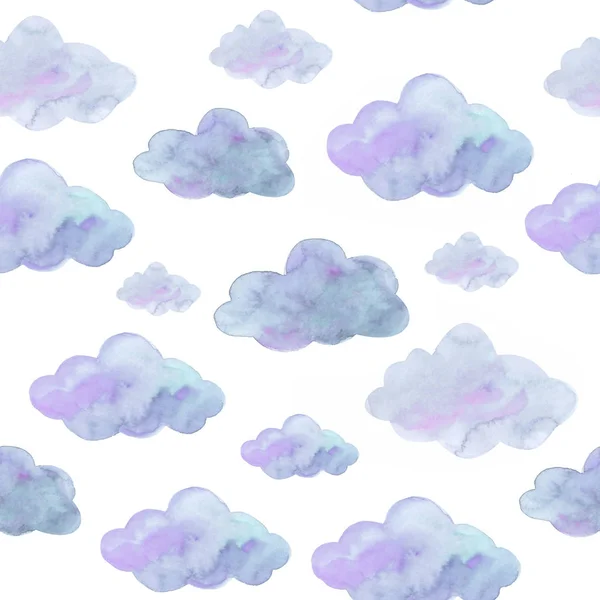 Aquarell Nahtloses Muster Mit Blauen Wolken Auf Weißem Hintergrund — Stockfoto