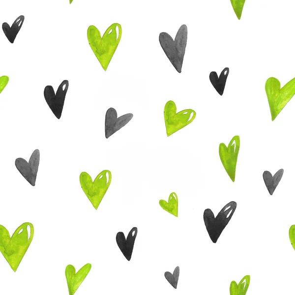 Акварельный Узор Зелеными Зелеными Черными Сердечками — стоковое фото
