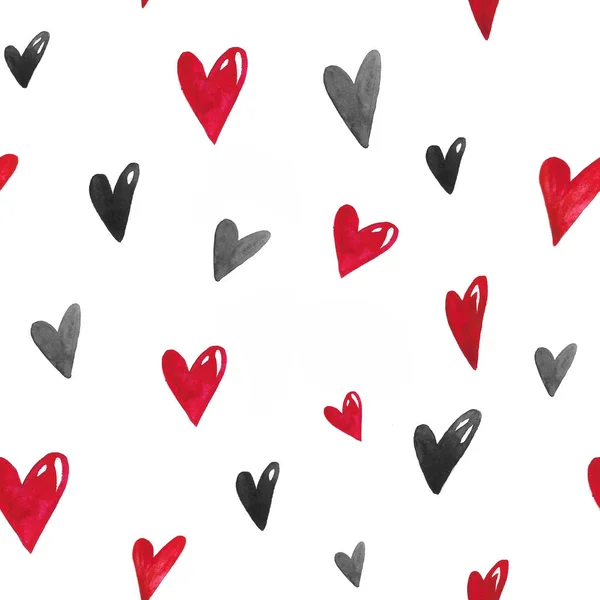 Akvarel Bezešvný Vzor Červeným Šedým Černým Srdcem — Stock fotografie