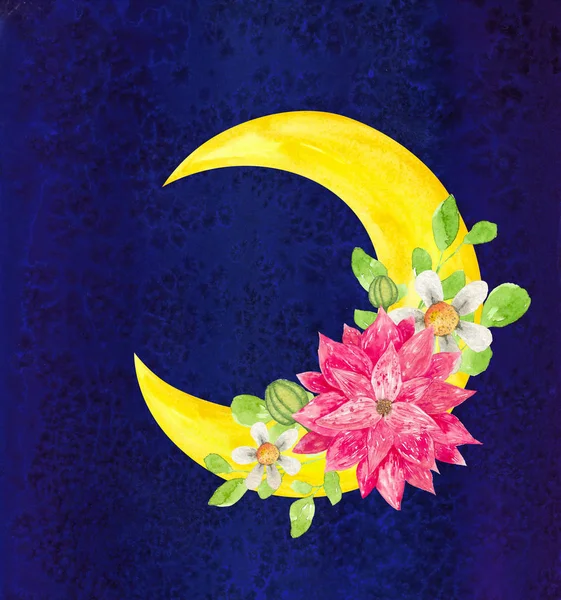 watercolor yellow moon with flowers and leaves on dark blue background