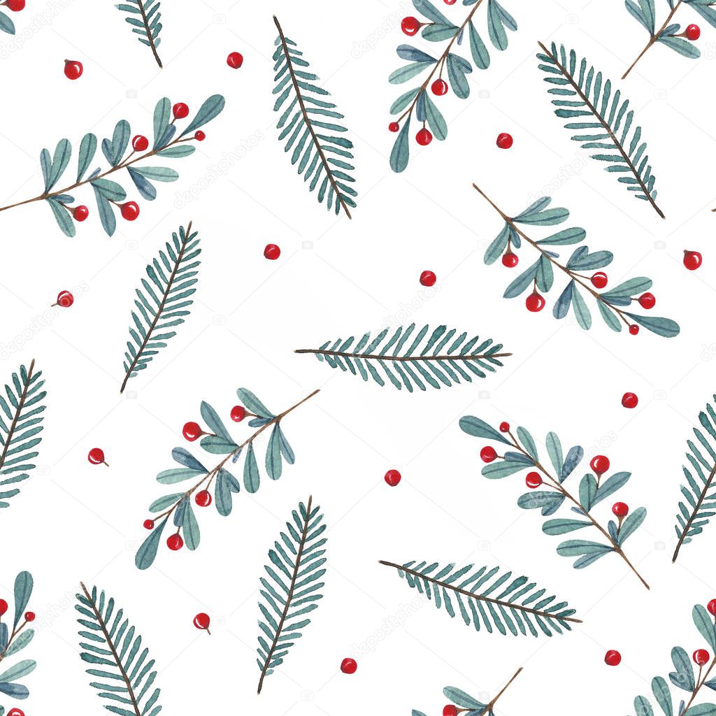 watercolor seamless pattern with   leaves,  berries and branches isolated on white background