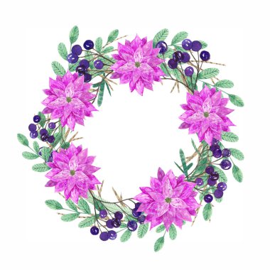 Kutlama sınırı, menü şablonu, pembe noktalı çerçeve, yapraklar, böğürtlenler, kalpler ve beyaz arka planda izole edilmiş çam dalları. Noel kartı.