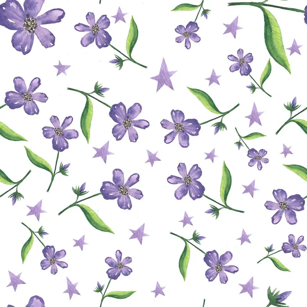 白を基調とした緑の葉を持つ紫の花と水彩のシームレスなパターン — ストック写真