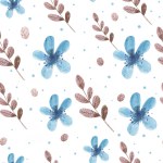 Watercolor scandinavian floral seamless pattern with flowers and leaves, blue and brown colors