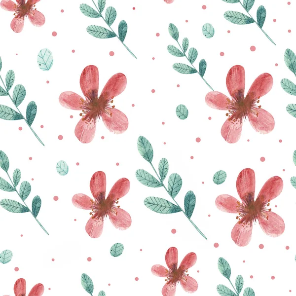 Watercolor Scandinavian Floral Seamless Pattern Flowers Leaves Red Green Colors — Stock Photo, Image