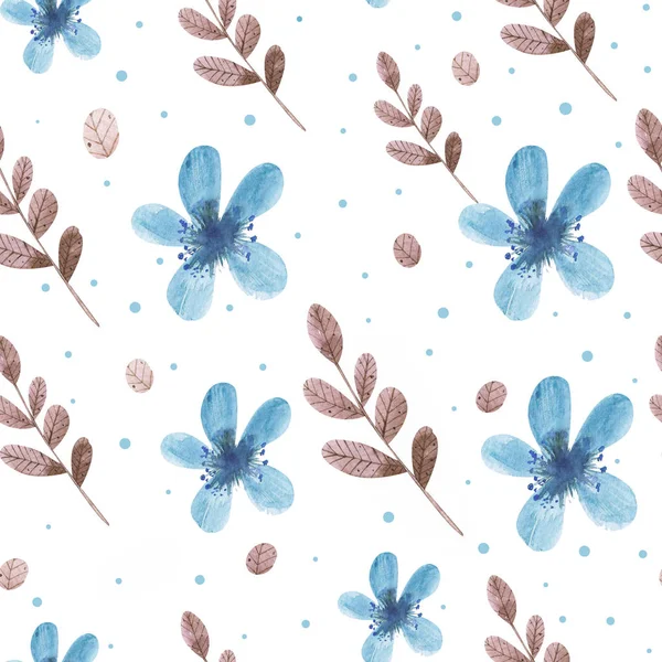 watercolor scandinavian floral seamless pattern with flowers and leaves, blue and brown colors