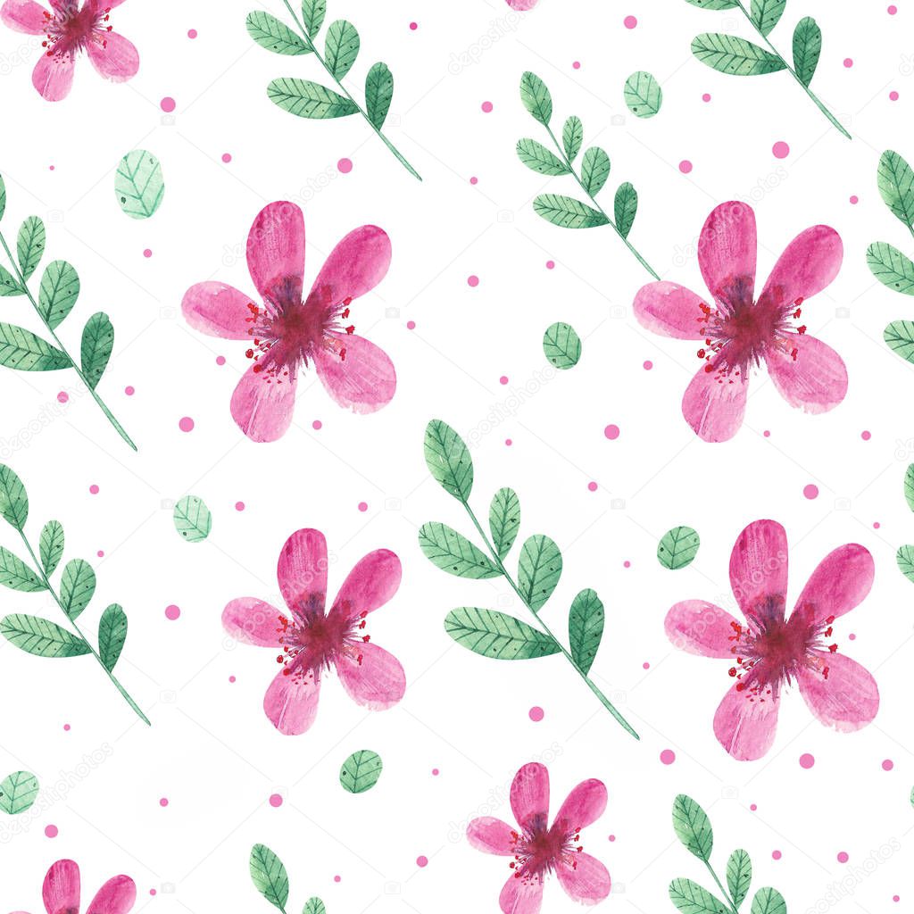 watercolor scandinavian floral seamless pattern with flowers and leaves, pink and green colors
