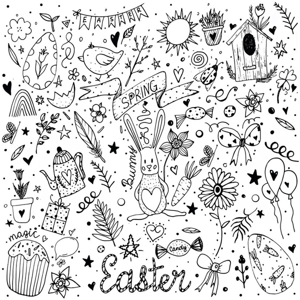 Black line set of Easter and spring icons. Hand drawn illustration. Spring elements for greeting cards, posters, banners and seasonal design. Isolated on white background