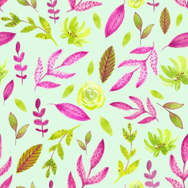 suluboya renkli çiçek desenli çiçekler ve yapraklar, pembe ve yeşil renkler