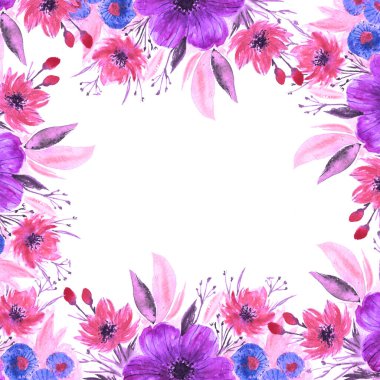 Güzel pembe ve mor çiçekli suluboya çerçeve ve yapraklar