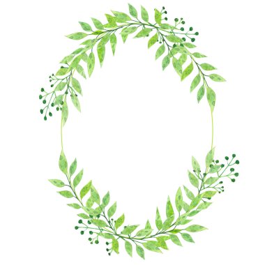 Beyaz arkaplanda yeşil yapraklardan oluşan suluboya oval çerçeve