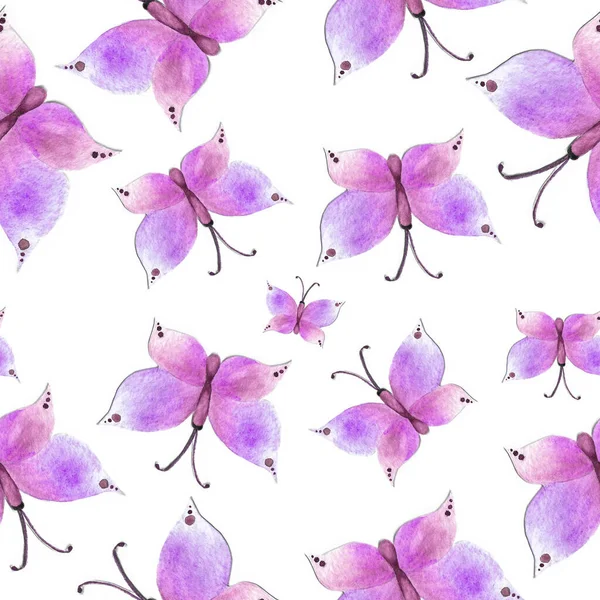 watercolor seamless pattern with pink butterflies on white background