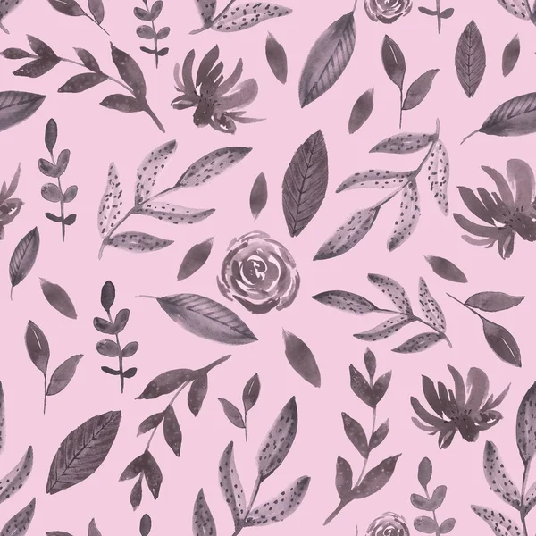 Акварель Розовый Серый Цветочный Бесшовный Узор Цветами Листьями — стоковое фото