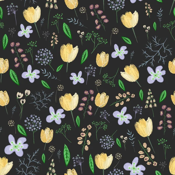 Seamless Pattern Spring Flowers Black Background — Stock Photo, Image