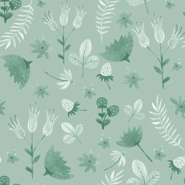 Акварельный Монохромный Зеленый Цветочный Бесшовный Узор Цветами Листьями — стоковое фото