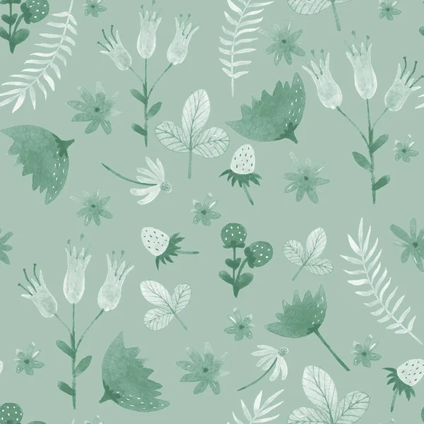 Aquarelle Monochrome Vert Floral Motif Sans Couture Avec Des Fleurs — Photo