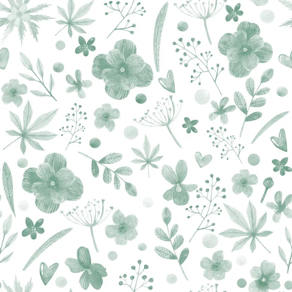 Watercolor Monochrome Floral Seamless Pattern Flowers Leaves — Stock Photo, Image