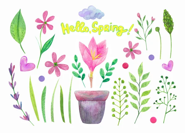 Watercolor Spring Easter Set Flowers Bow Leaves Cloud — Stock Photo, Image