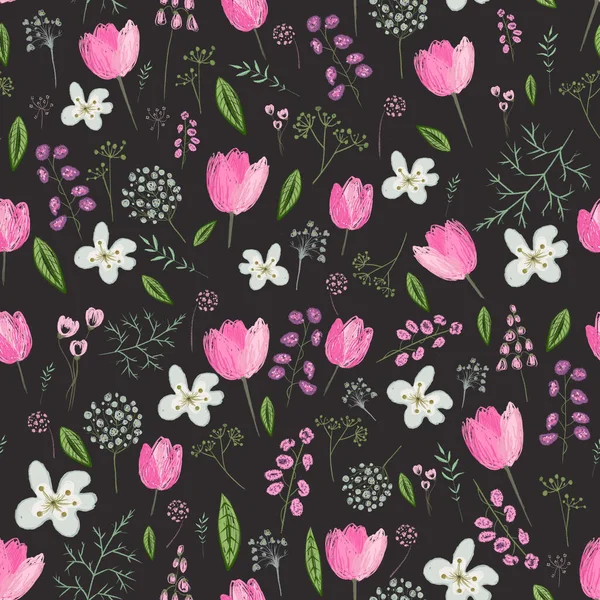 Seamless Pattern Spring Flowers Black Background — Stock Photo, Image