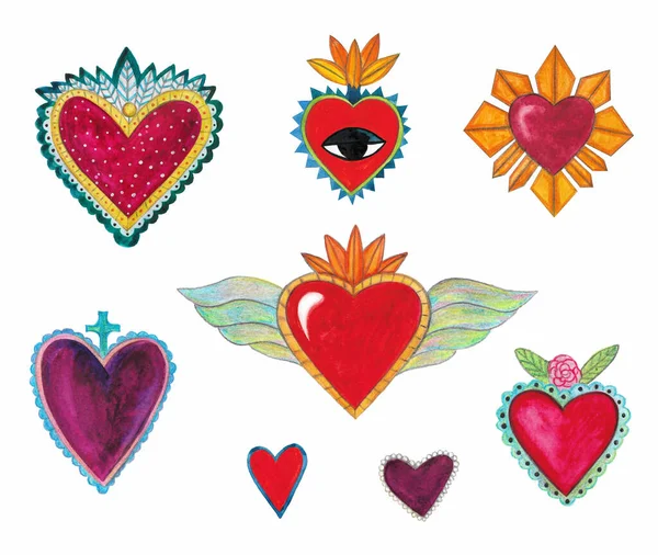 Акварель Иллюстрация Набор Сердец Винтажном Стиле Традиционные Мексиканские Сердца Набор Стоковое Фото