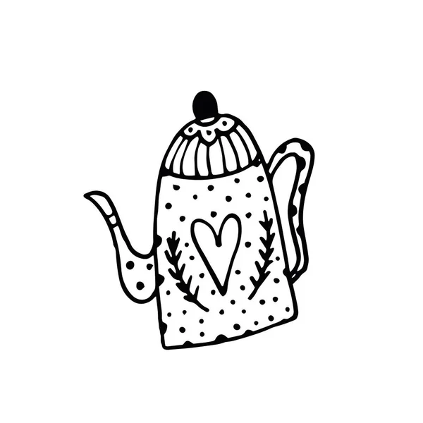 Mutfak Çaydanlığının Karalama Sanatı Beyaz Arkaplanda Siyah Çizgi Çizimi Izole — Stok fotoğraf