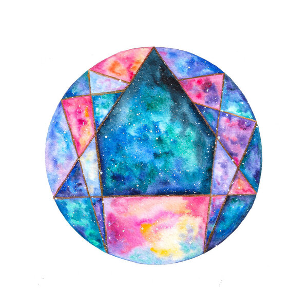 Красочная иллюстрация значка акварельной эннеаграммы. Эннеаграмма личности. Знак, логотип, пиктограмма, кольцо и типичная структурированная фигура. Цветная радужная иллюстрация на белом фоне
