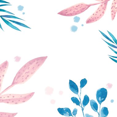 Pastel renk yapraklı çerçeve ve beyaz arkaplanda memphis tarzında damlalar